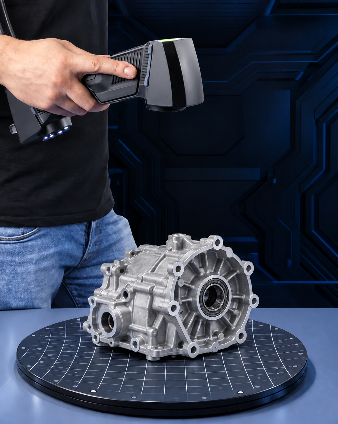 Composición ilustrativa de un escáner 3D y una carcasa automotriz sobre el plato de digitalizado
